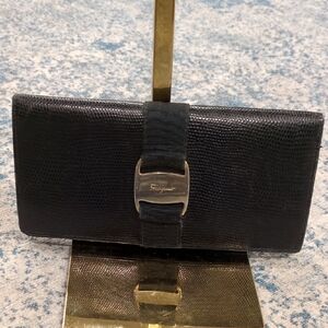 Salvador Ferragamo EUC Black Textured Leather Ribbon Gold Detail Long Wallet
